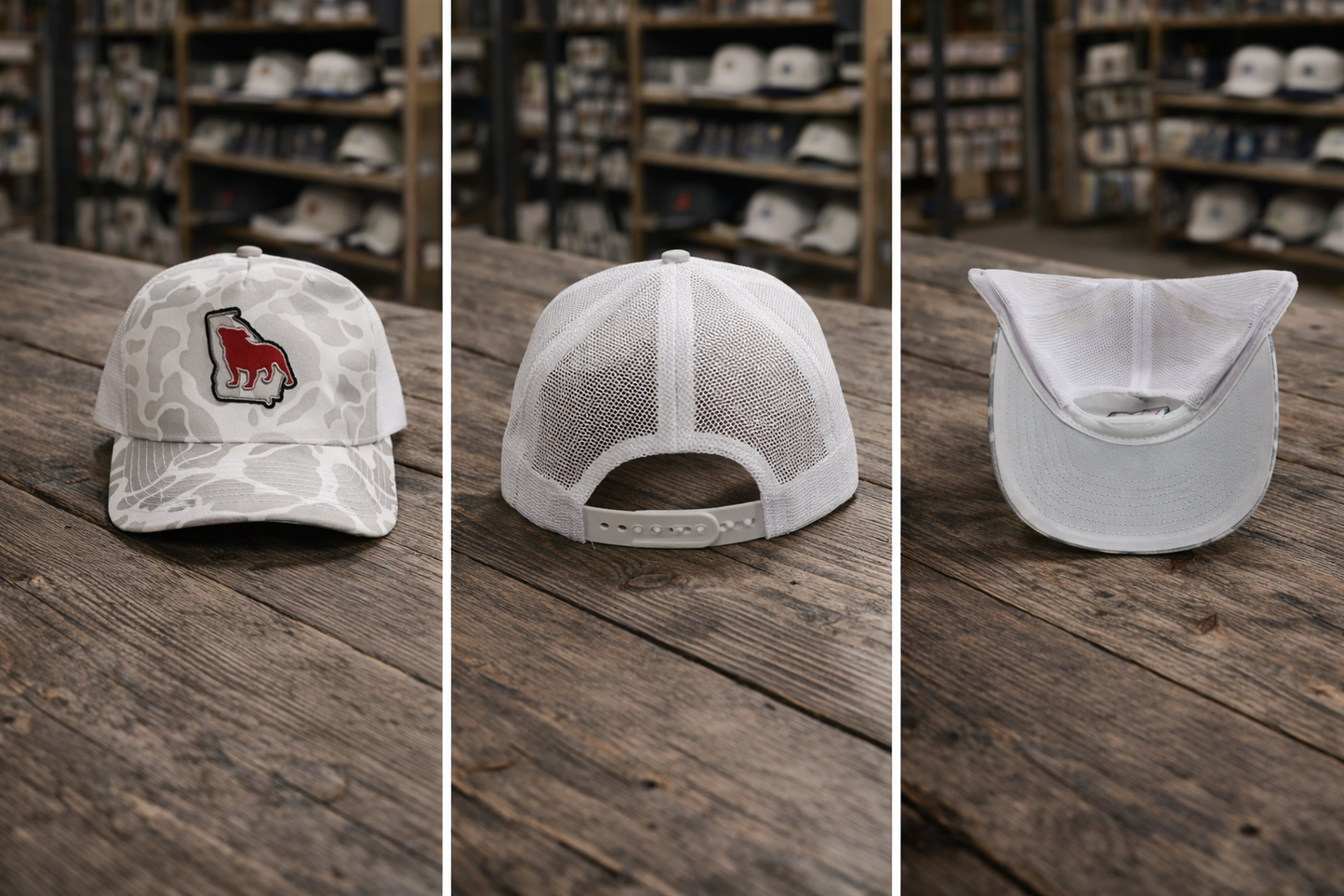 Embroidered UGA Bulldog on ghost camo white mesh back hat cap with adjustable strap and pre-curved brim