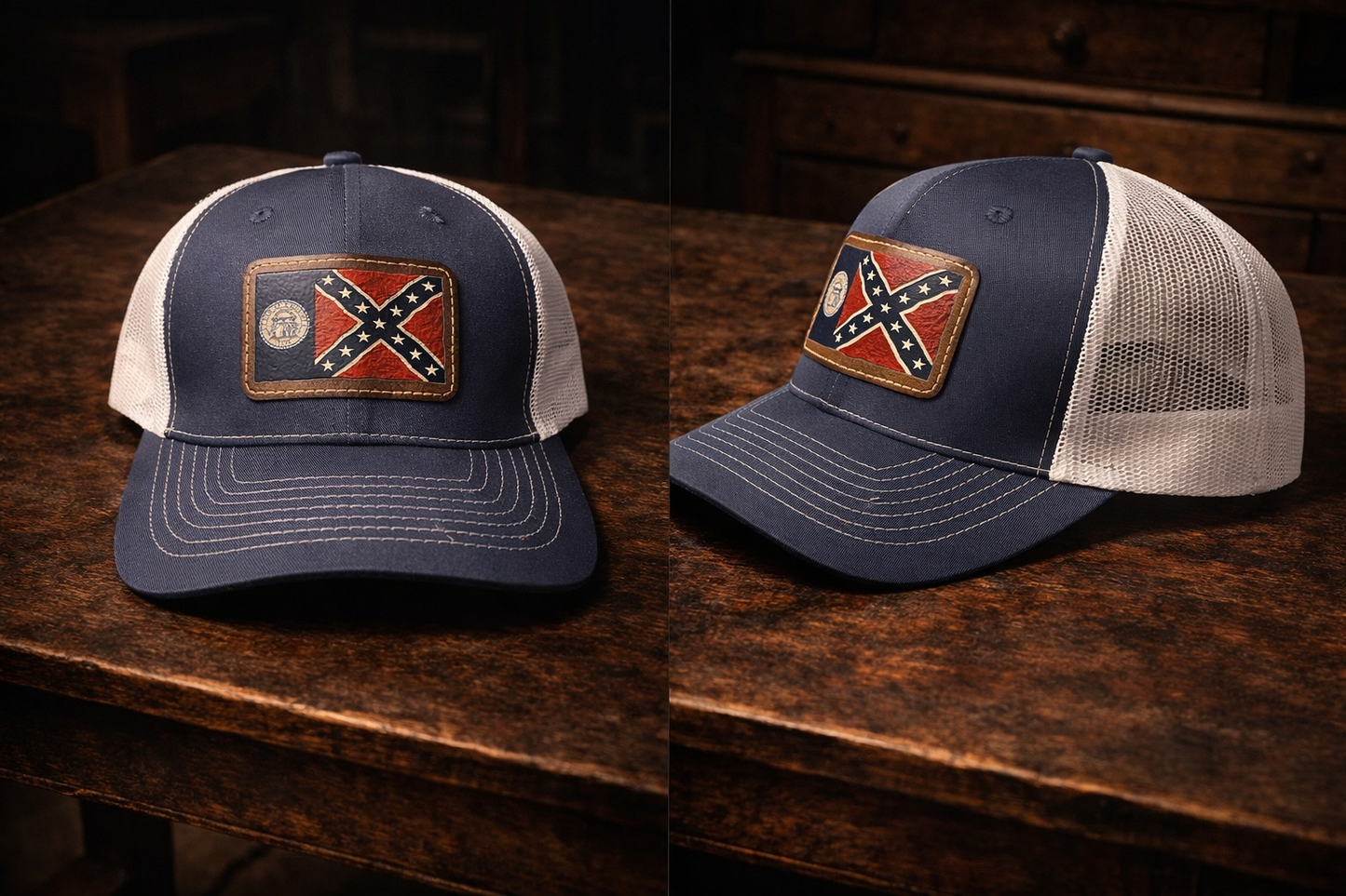 1956 Old Georgia Flag leather patch denim and white mesh back trucker hat cap showcasing Georgia heritage