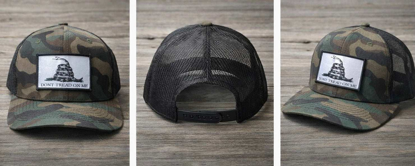 Green Camo with Black Mesh Back Hat Cap with Silver Dont Tread on Me Patch
