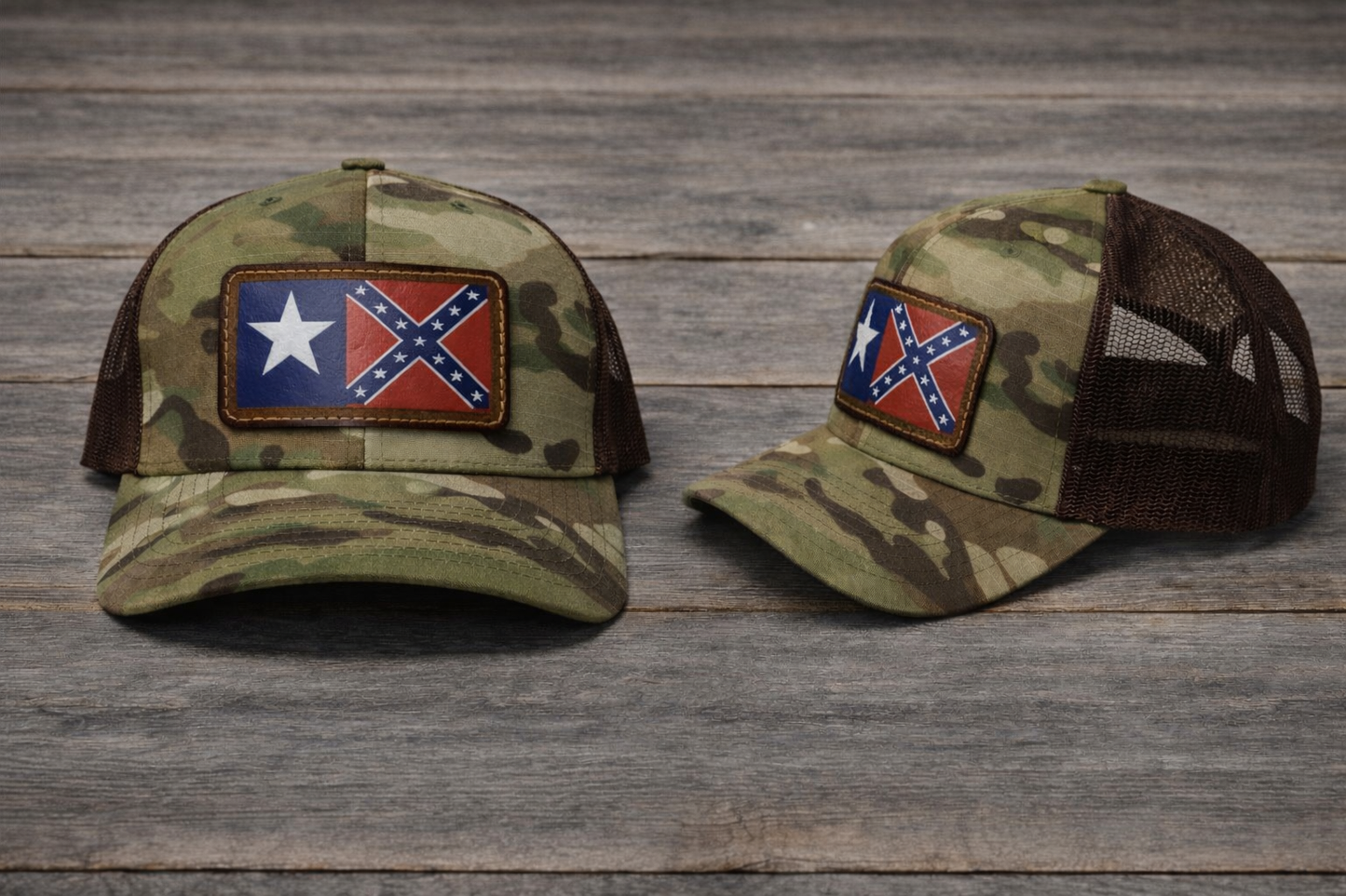 Texas Rebel Battle Flag Leather Patch Camo Green Hat