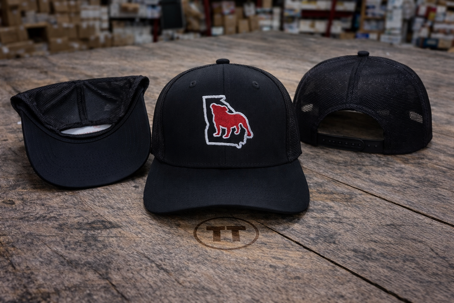 Embroidered Bulldog on State of Georgia Solid Black Mesh Back Hat Cap 3 Views