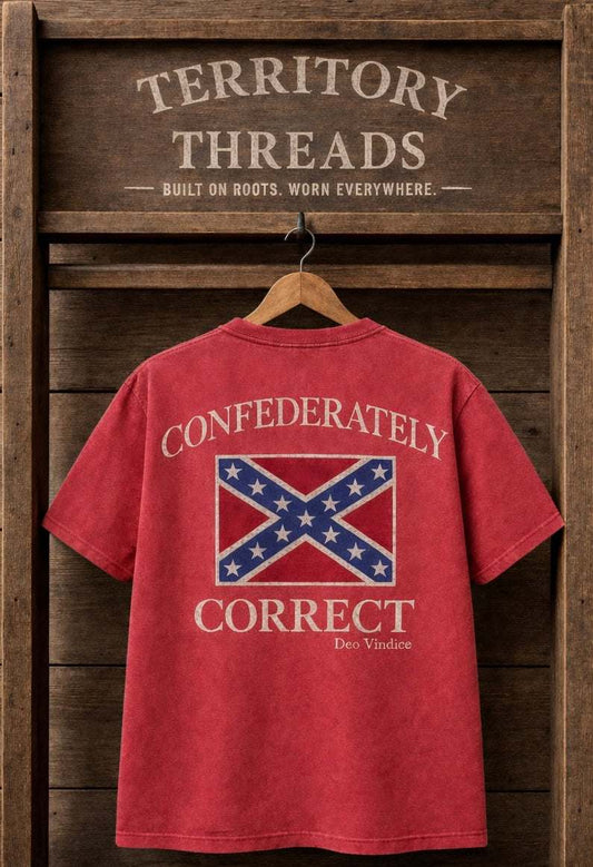 Confederately Correct with Battle Flag Short Sleeve Premium T-Shirt in faded washed red