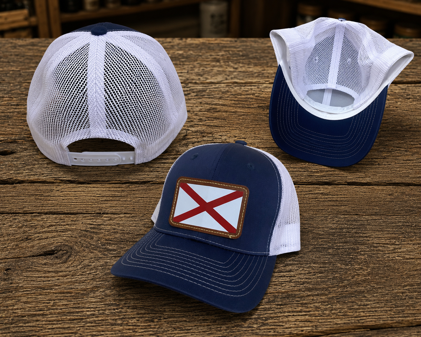 Denim mesh back hat cap with Alabama State Flag brown leather patch and adjustable snapback closure
