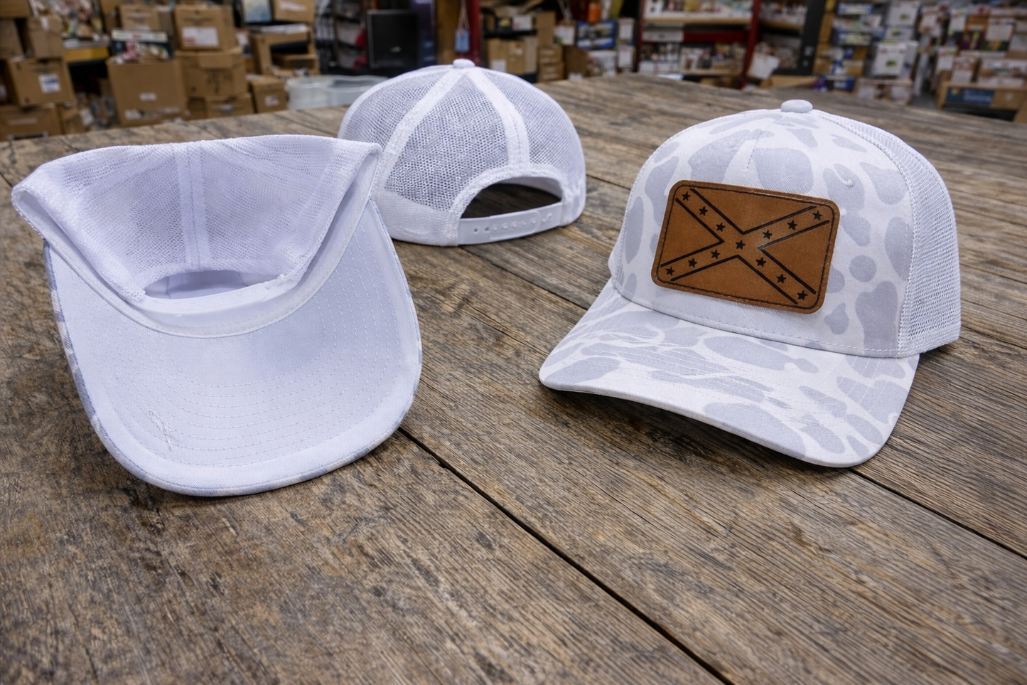 Ghost Camo Mesh Back Cap Hat with Leather Battle Flag in Black on Patch 3 Views