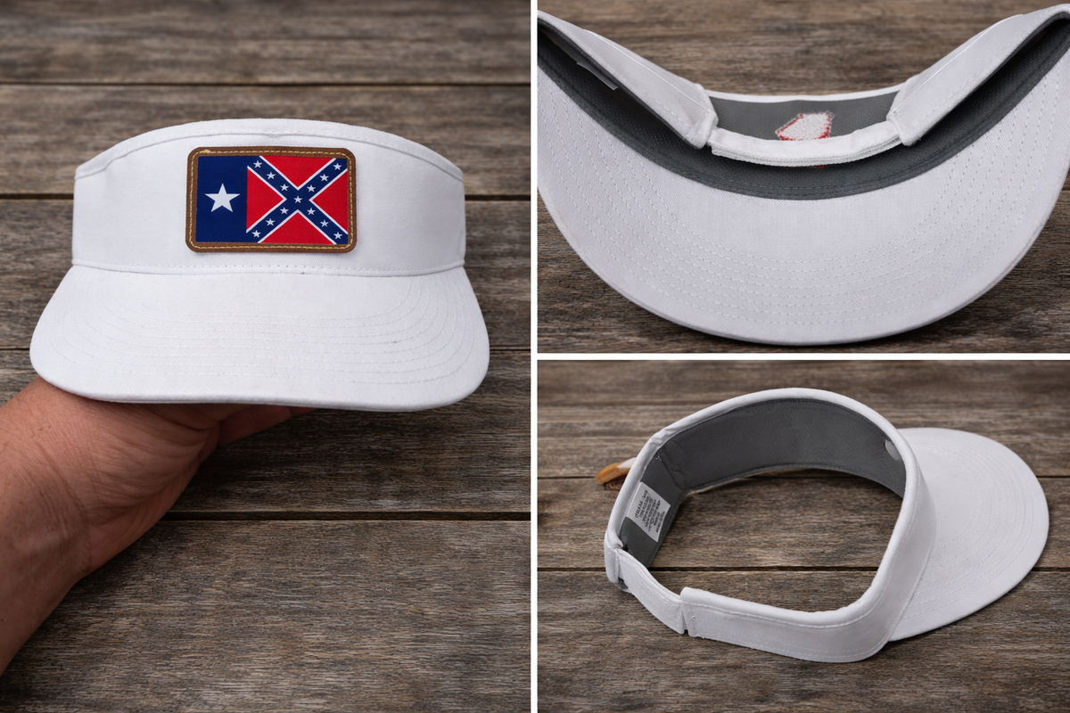 White golf visor with Texas Rebel Battle Flag leather patch embroidered on front brim for sun protection and adjustable fit