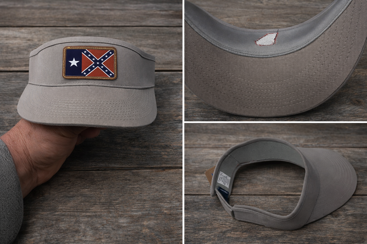 Gray golf visor with adjustable strap featuring Texas Rebel Battle Flag leather patch