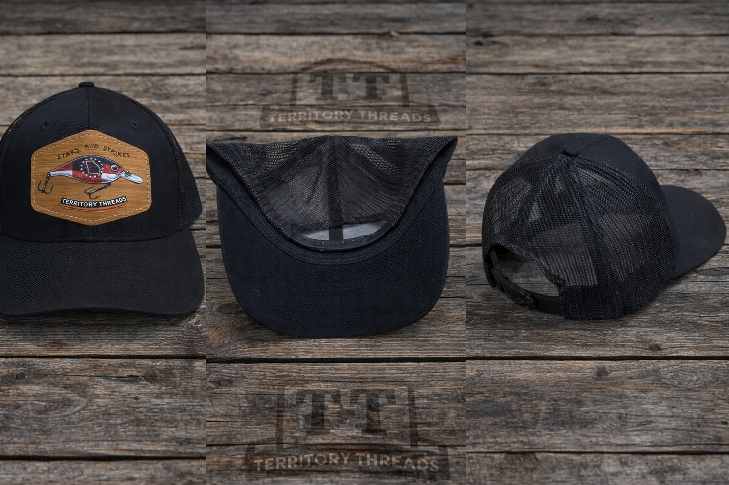 Solid Black Mesh Hat Cap with Khaki Brown Patch with Georgia Fishing Lure Logo