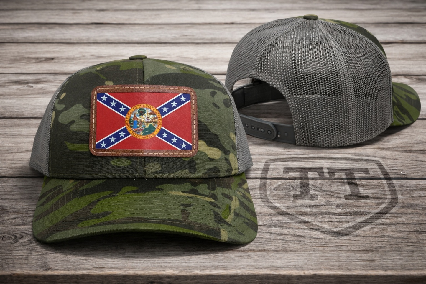 Florida Confederate Flag Leather Patch Camo Green Hat Cap