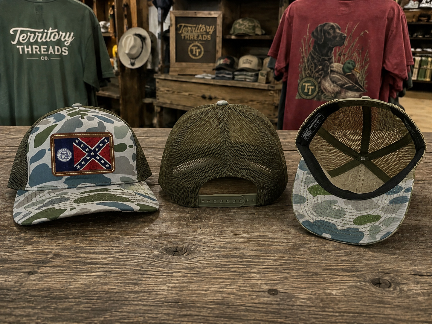 Green gray khaki camo baseball cap with 1956 Old Georgia Flag leather patch and mesh back panels