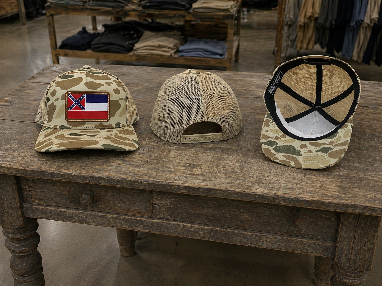 Light Brown Duck Camo Hat Cap with Old Mississippi State Flag Brown Leather Patch 3 Views