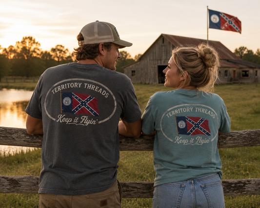 Territory Threads 1956 Old Georgia State Flag Keep It Flyin T-Shirt 100% Cotton on Models in Charcoal Gray and Powder Blue
