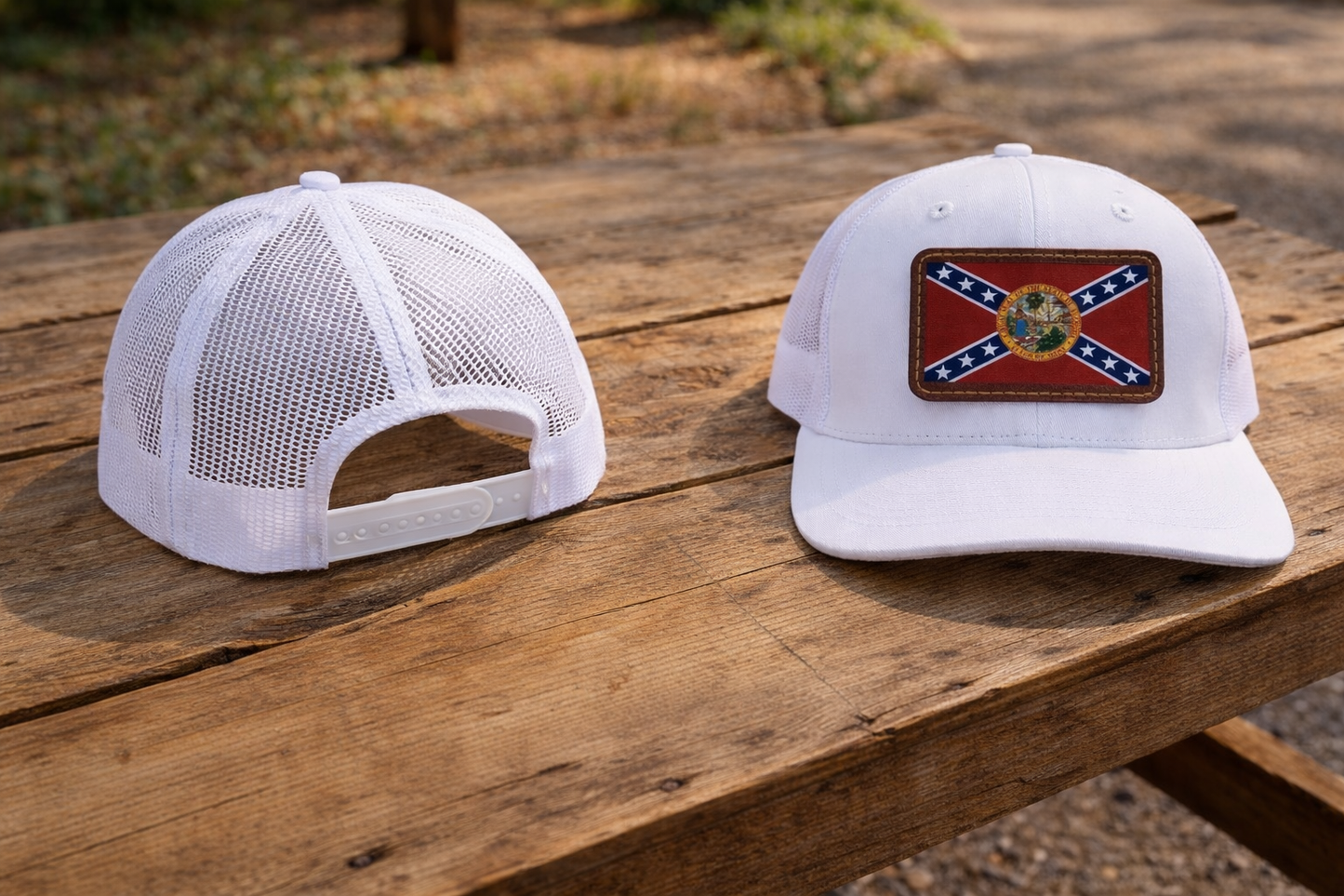 Florida Battle Flag Leather Patch on Solid White Mesh Back Hat Cap