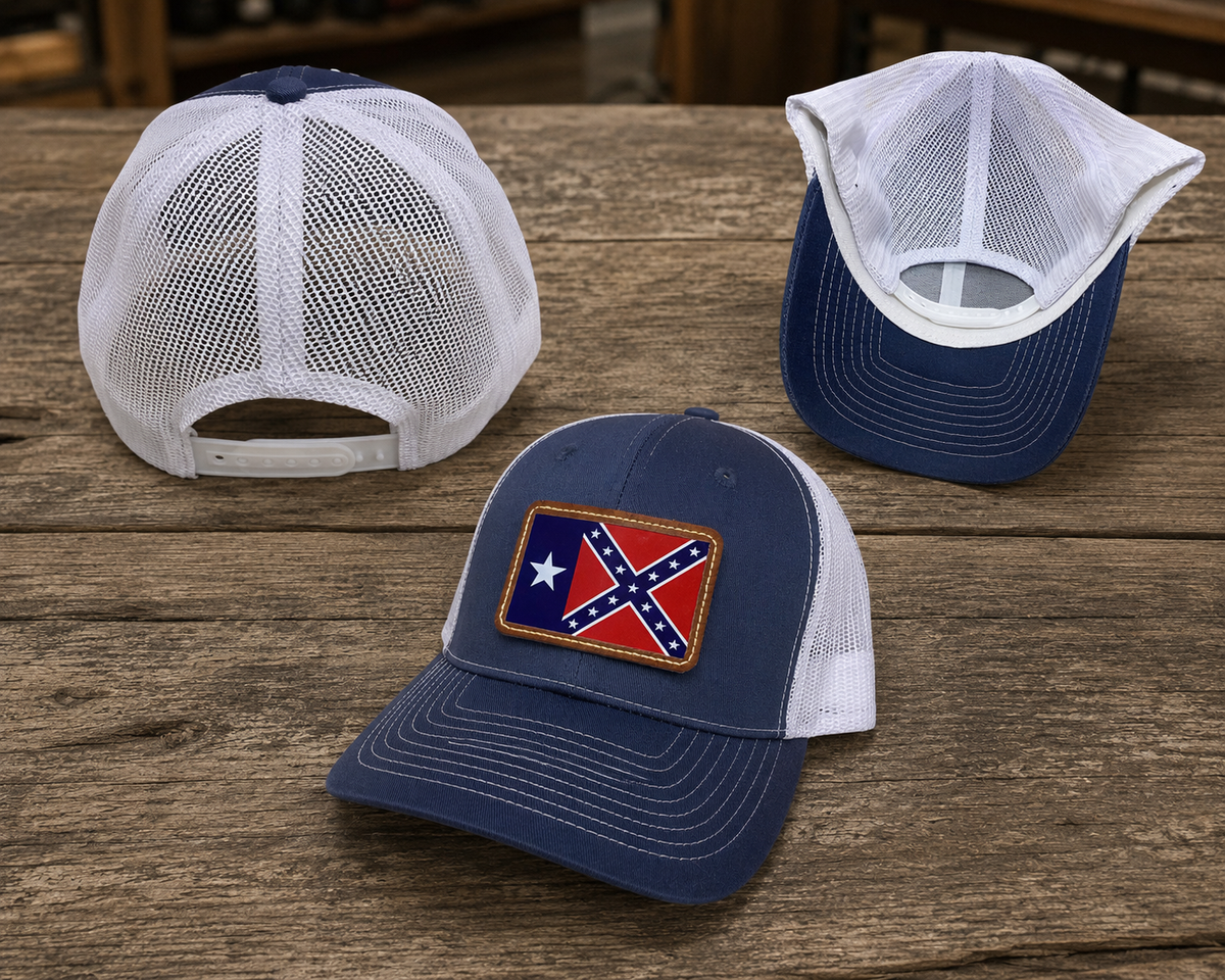 Denim mesh back hat cap with Texas Battle Flag brown leather patch front view