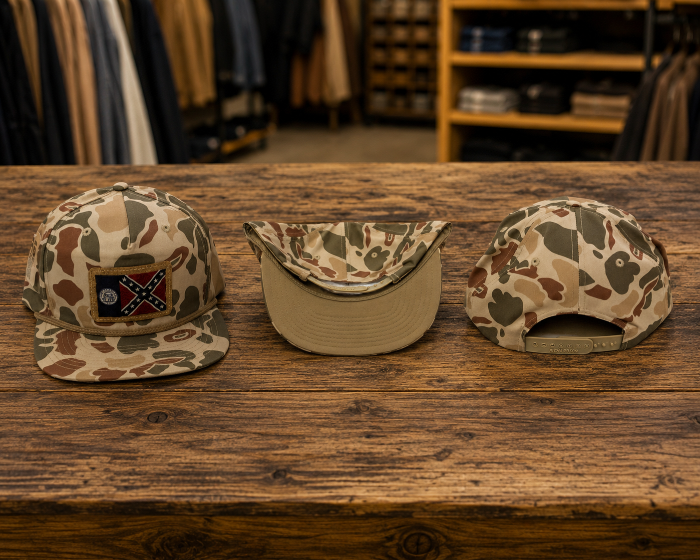Duck Camo Flat Bill Hat Cap with 1956 Old Georgia State Flag Leather Patch 3 Views