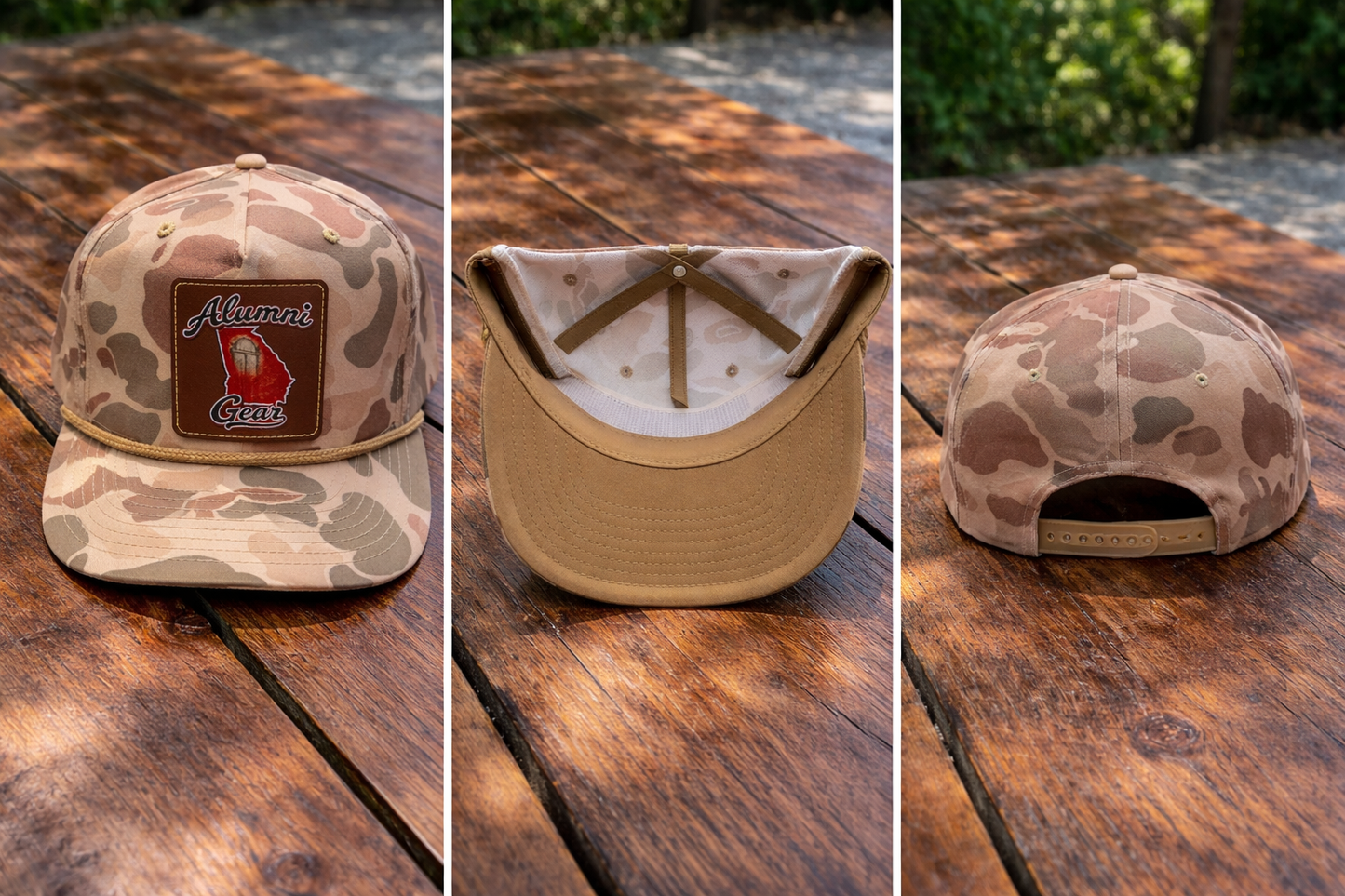 Brown Duck Camo Rope Hat Cap with Alumni Gear Brown Georgia Leather Patch