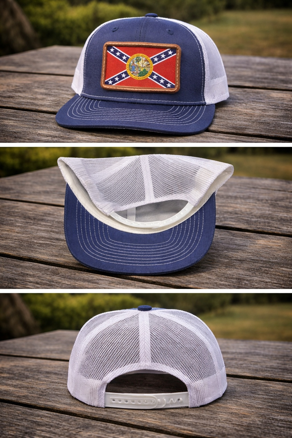 Denim Mesh Back Hat Cap with Florida Rebel Battle Flag Leather Patch 3 views