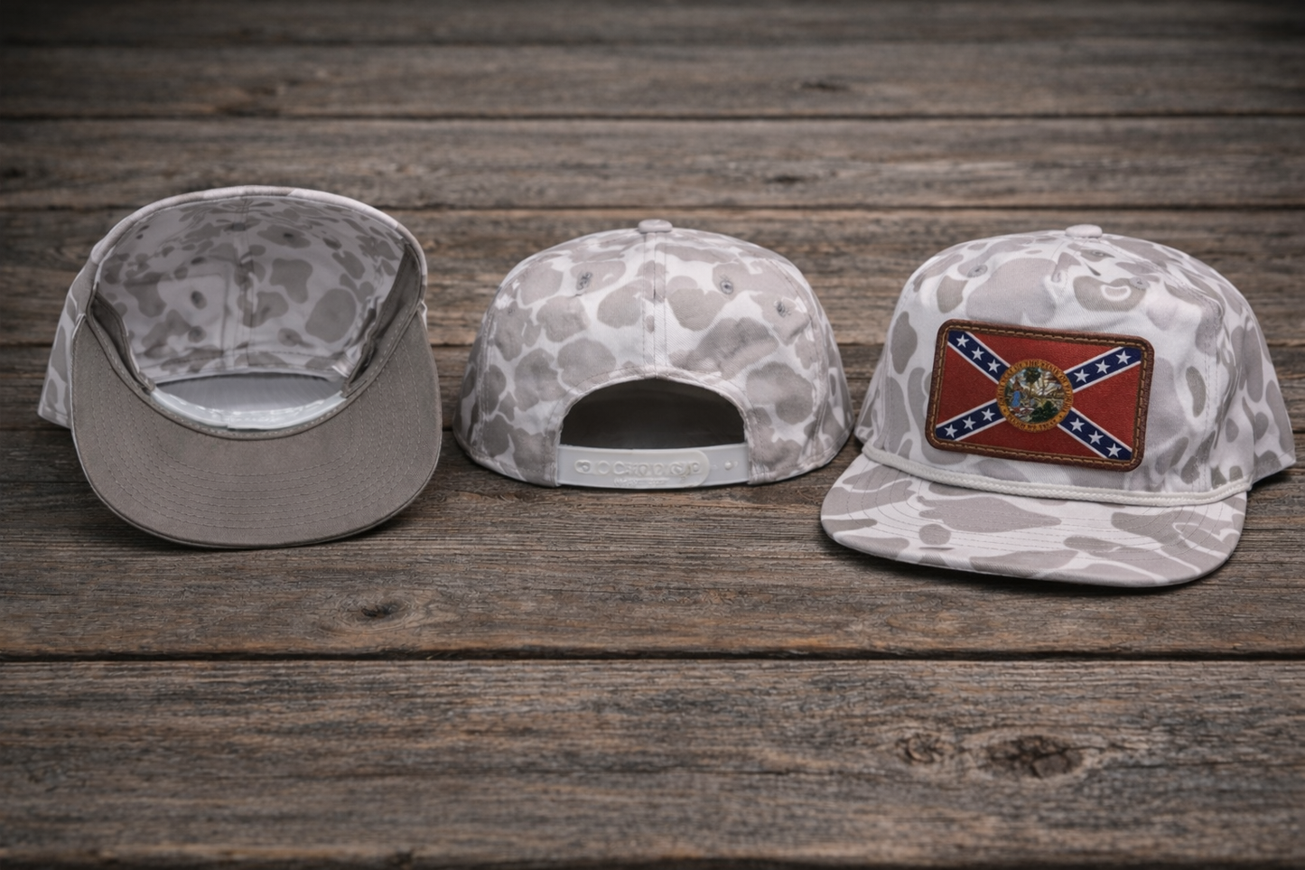 Ghost camo rope cap hat with breathable mesh back and brown leather Florida Battle Flag patch