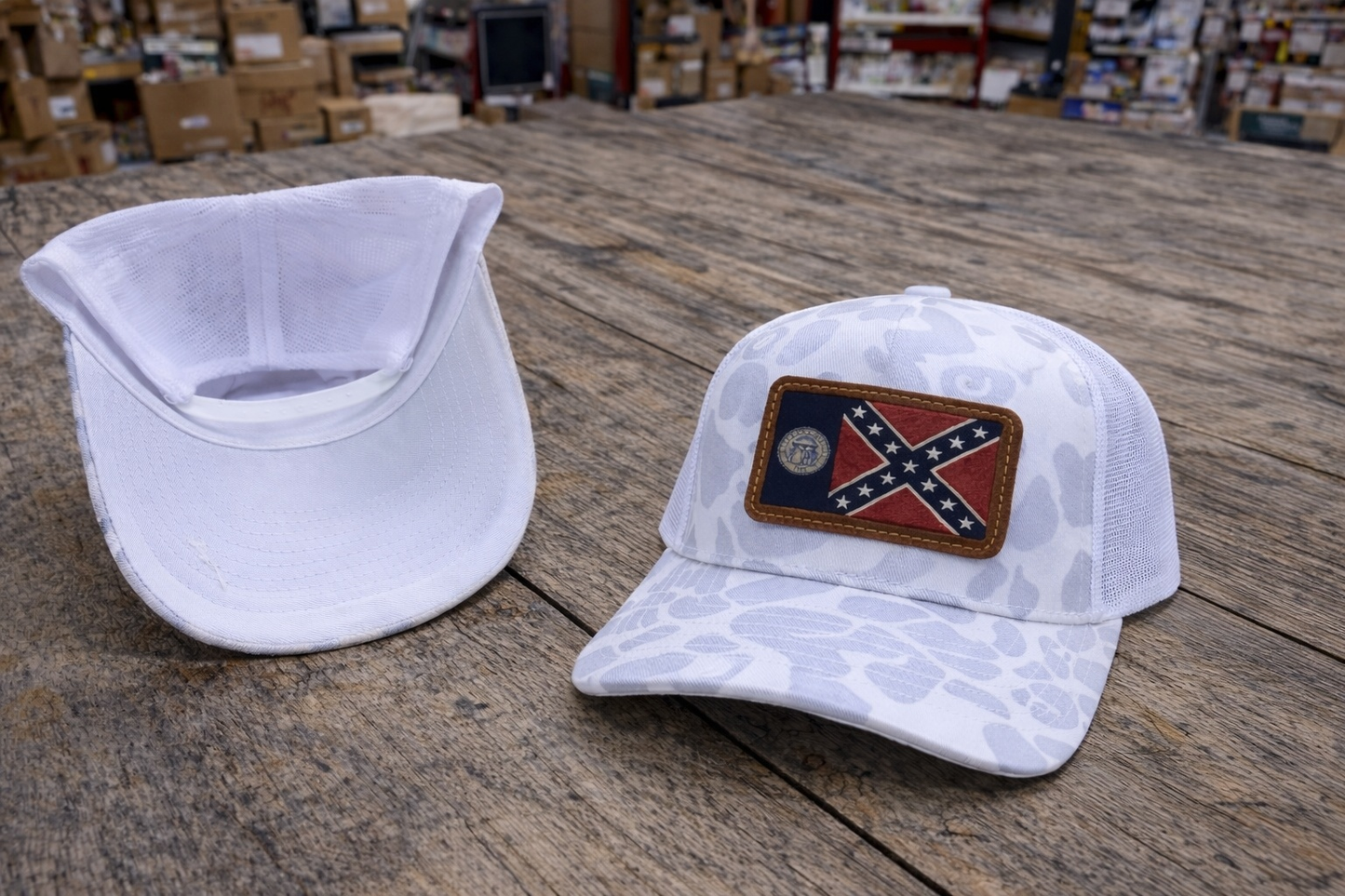 Ghost Camo Mesh Back Hat Cap with Brown Leather 1956 Old Georgia State Flag Patch 2 views