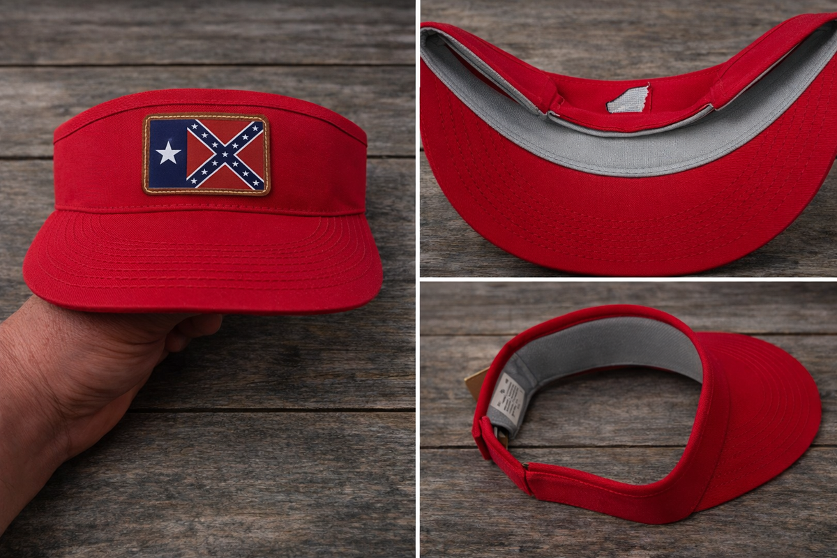 Red golf visor with Texas Rebel Battle Flag leather patch on the front brim