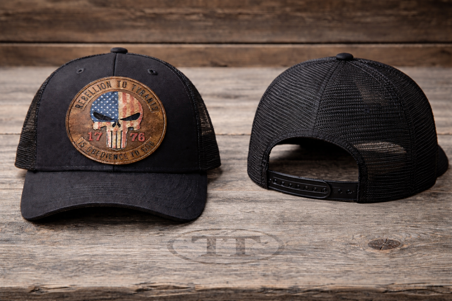 Solid black mesh back hat cap with Punisher 1776 oval synthetic leather patch and adjustable strap