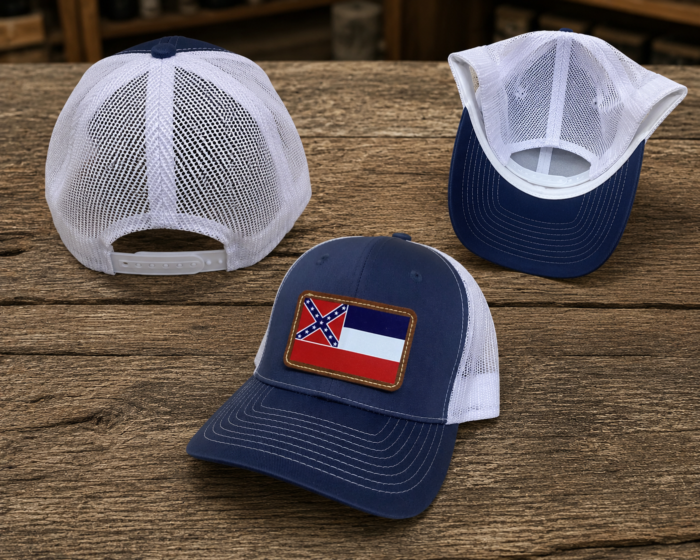 Denim mesh back hat cap with Old Mississippi State Flag brown leather patch and adjustable snapback closure