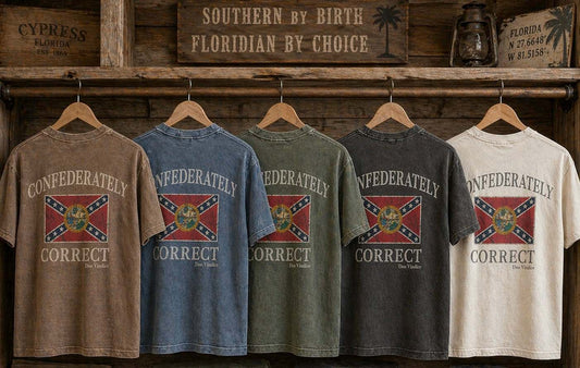 Florida Battle Flag Confederately Correct Short Sleeve T-Shirt Hanging on