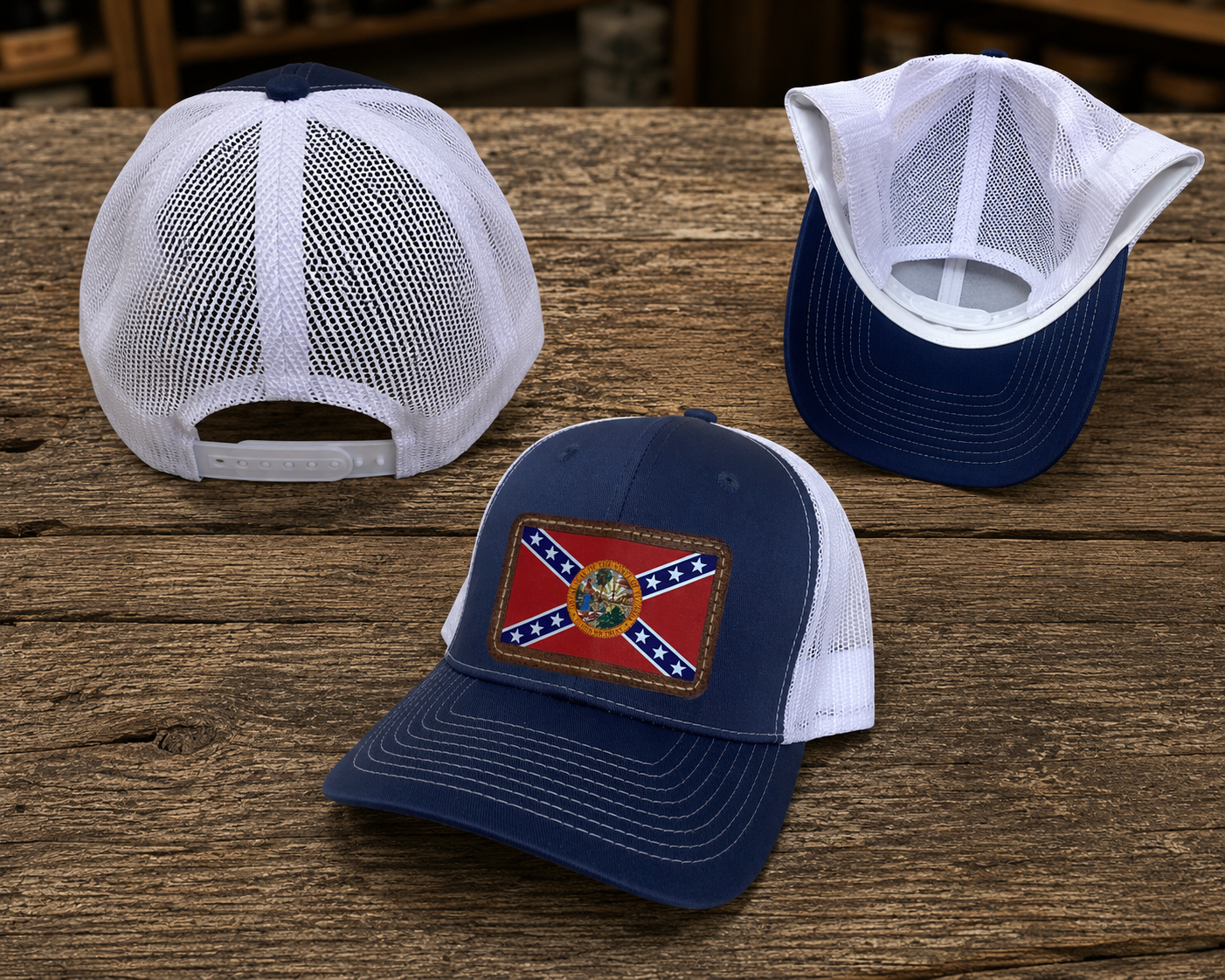 Denim mesh back hat cap with Florida Battle Flag brown leather patch and adjustable snapback closure