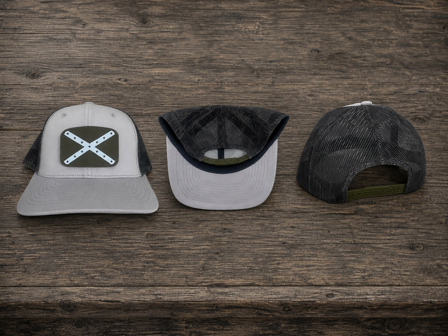 Gray camo front mesh back hat cap with grey leather patch and white battle flag bars
