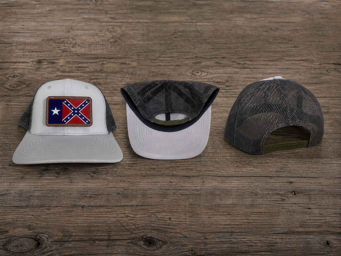 Texas Rebel Battle Flag leather patch hat with gray front and camo mesh back