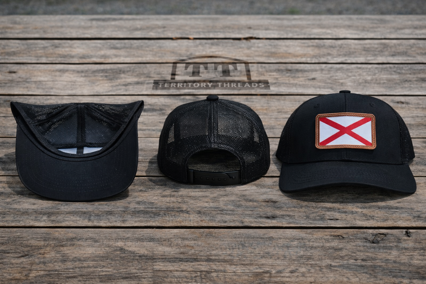 Alabama Flag Leather Patch Hat | Solid Black Mesh Back Trucker Cap