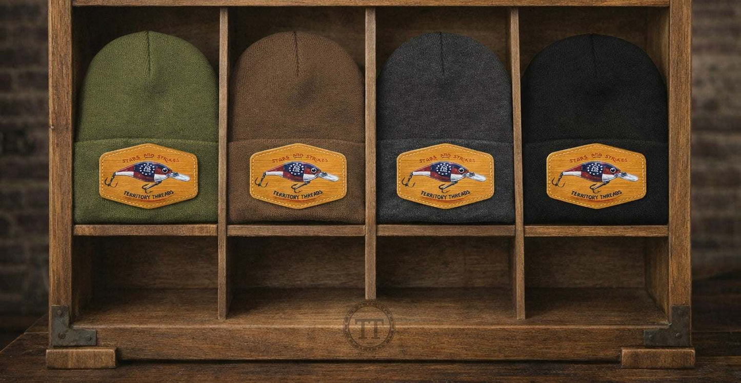 State of Georgia Seal Fishing Lure brown leather patch beanie cap hat in acrylic knit for winter warmth and outdoor use