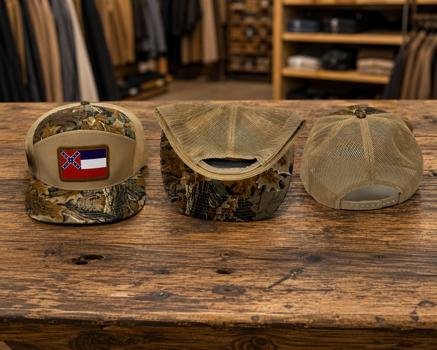 7 Panel Mississippi Hat Cap with Oak Leaf Camo Design featuring ghost camo pattern and leather patch