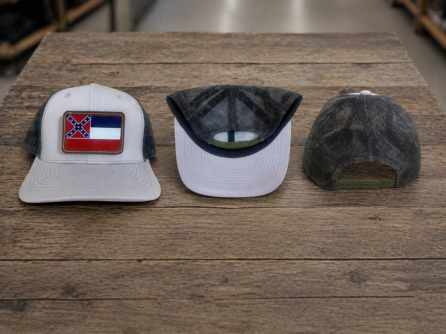 Gray Front Camo Mesh Back Hat Cap with Old Mississippi State Flag Leather Patch 3 Views