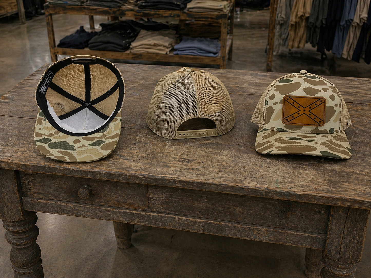 Light Brown Duck Camo Hat Cap with CSA Battle Flag Brown Leather Patch 3 Views