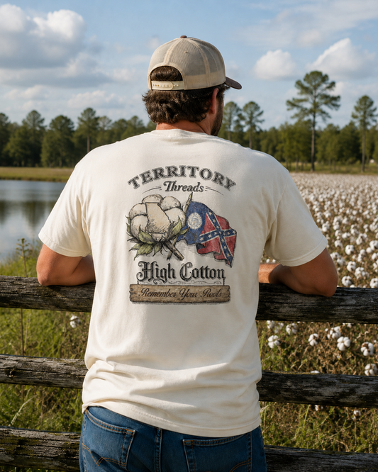 1956 Old Georgia Flag High Cotton Short Sleeve Premium T-Shirt in White on Model