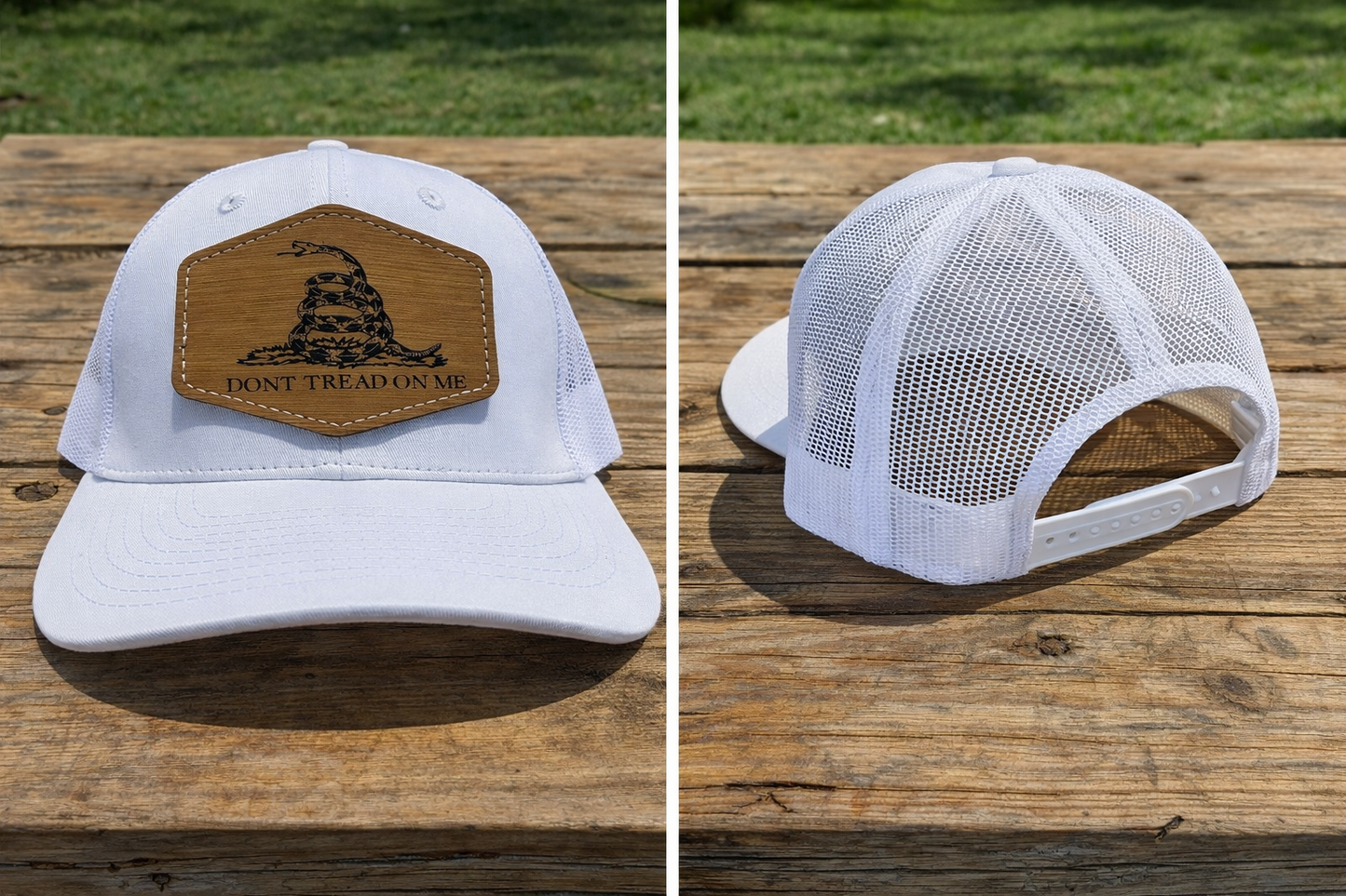 Solid White Mesh Hat Cap with Khaki Leather Patch with Dont Tread On Me Snake