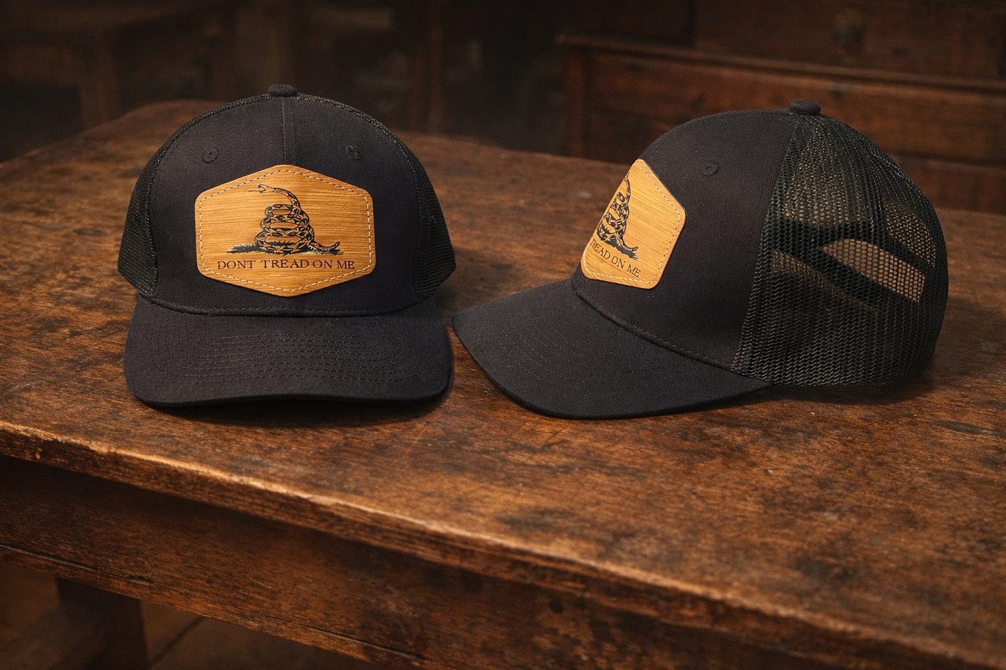 Black trucker style mesh back cap hat with dont tread on me patch