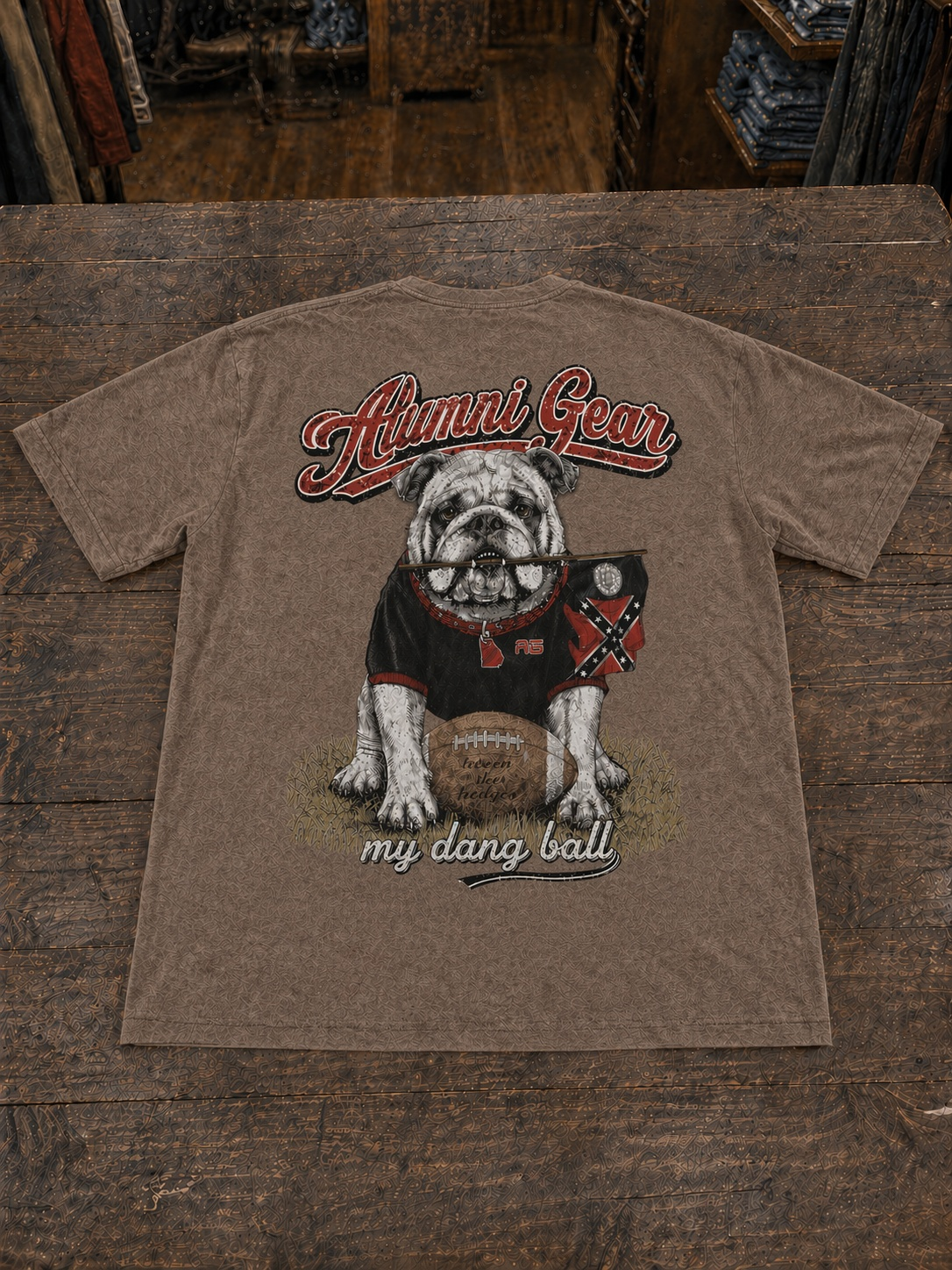 Alumni Gear My Dang Ball Design with 1956 Old Georgia Stick Flag in Bulldog's Mouth Premium T-Shirt in Faded Mocha Brown