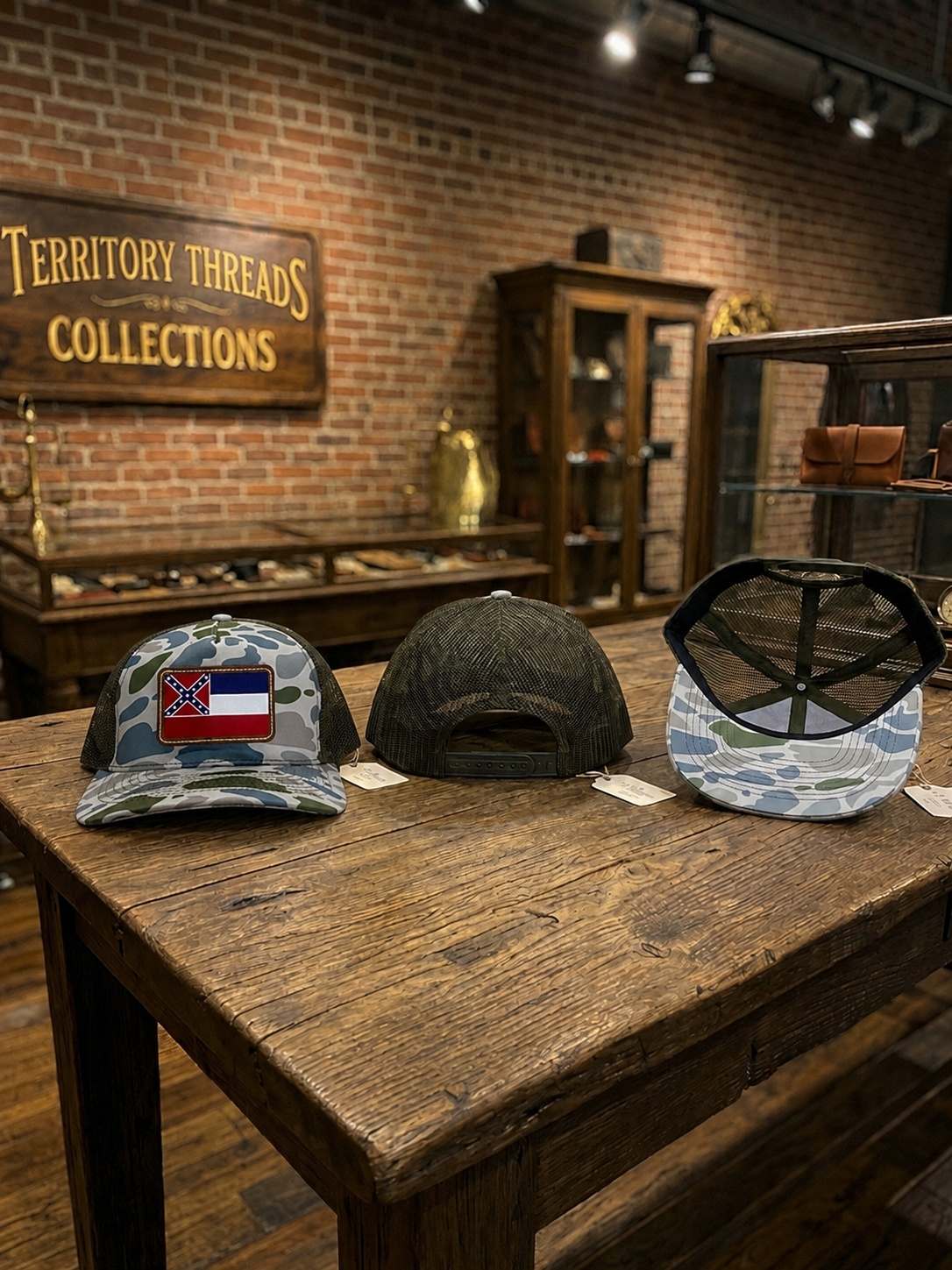 Green gray brown camo hat cap with Old Mississippi State Flag leather patch and adjustable snapback closure