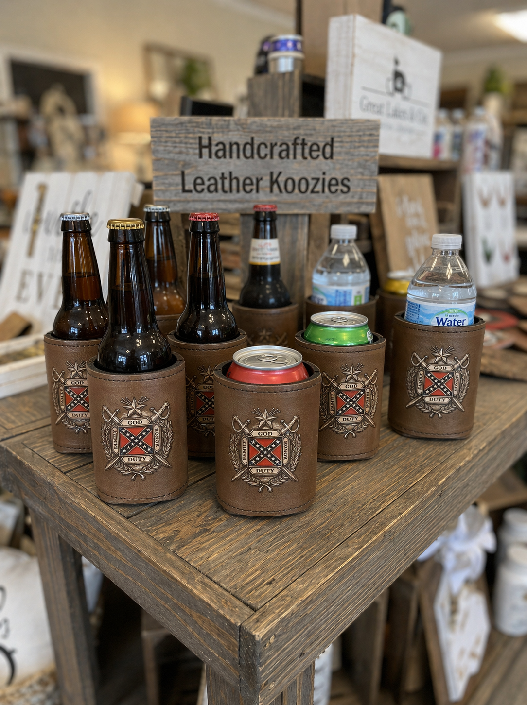 CSA Crossed Swords brown leather can and bottle koozie with Confederate Battle Flag design