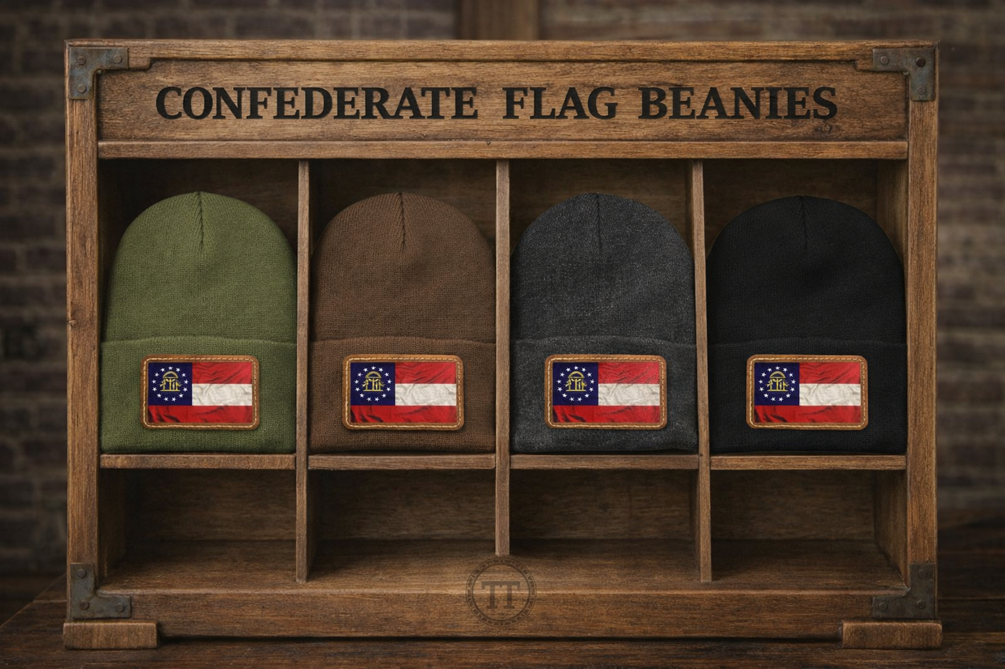 Georgia State Flag leather patch beanie cap hat in acrylic knit winter headwear