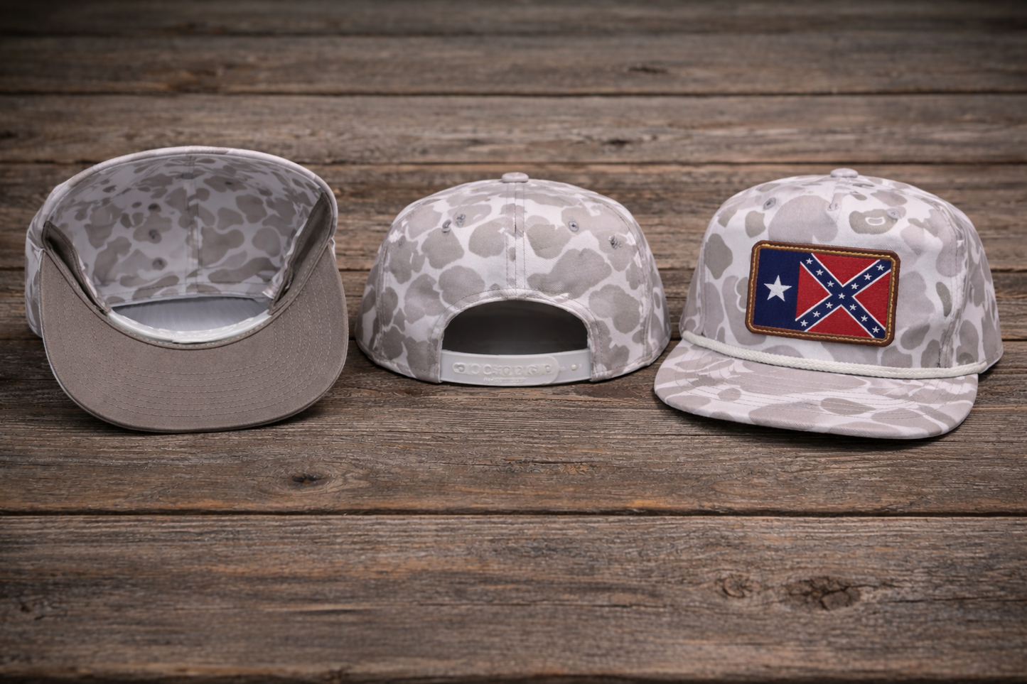 Ghost camo baseball cap with breathable mesh back and Texas battle flag brown leather patch