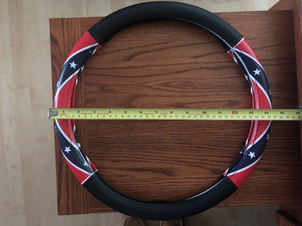Rebel Battle Flag auto car steering wheel cover in black vinyl with bold rebel flag design