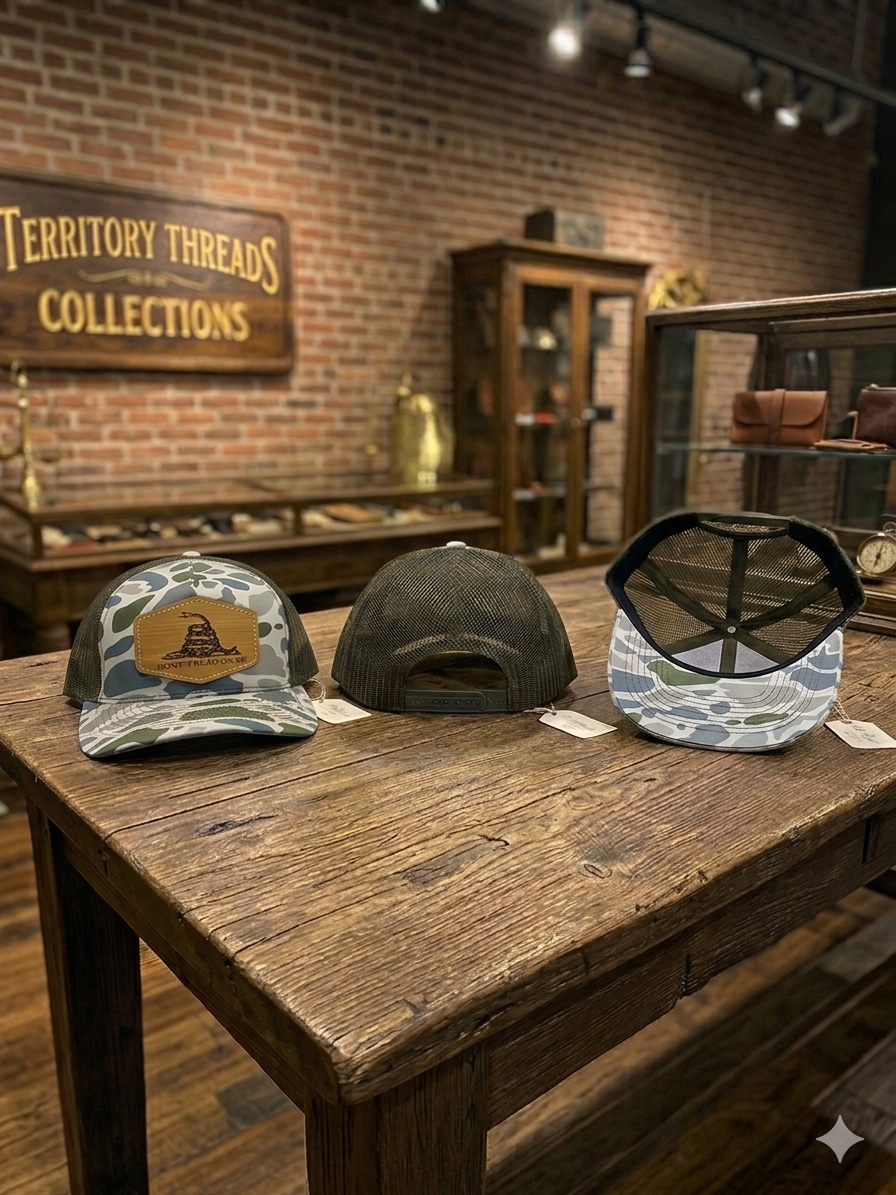 Green Duck Camo Gray Mesh Back Hat Cap with Dont Tread On Me Brown Leather Patch 3 views