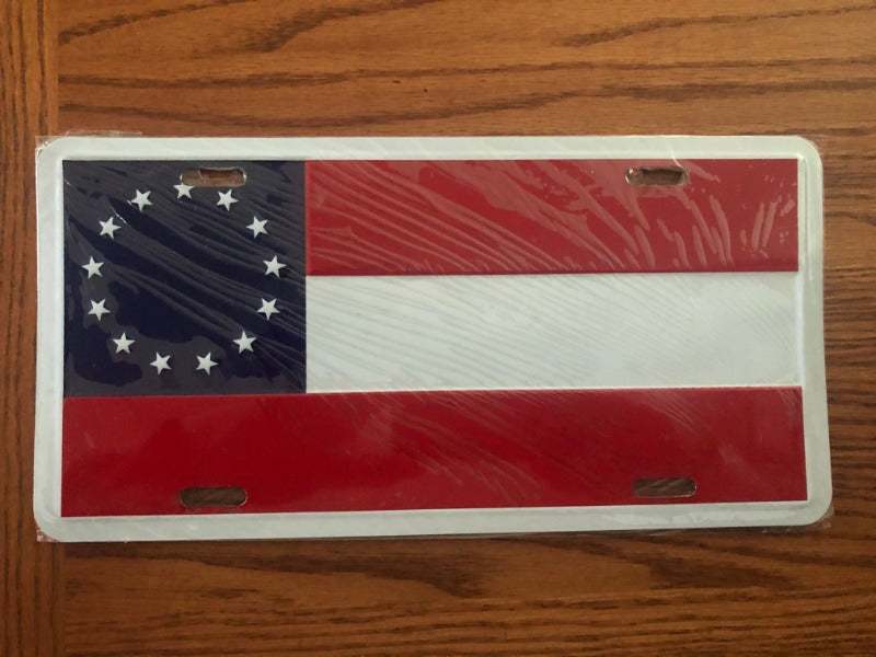 Thirteen 13 Star First National CSA Flag Aluminum License Plate Tag wrapped in plastic