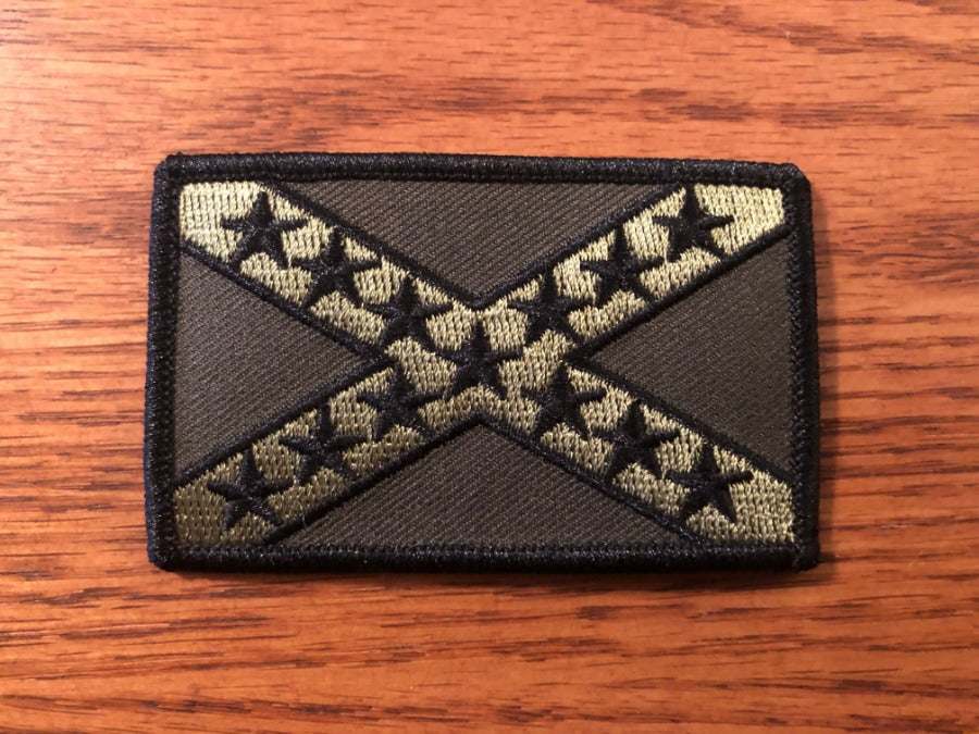 Camo Green Battle Rebel Flag Patch 2x3 inch embroidered military-style patch with light drab green cross and black stars on dark drab green background