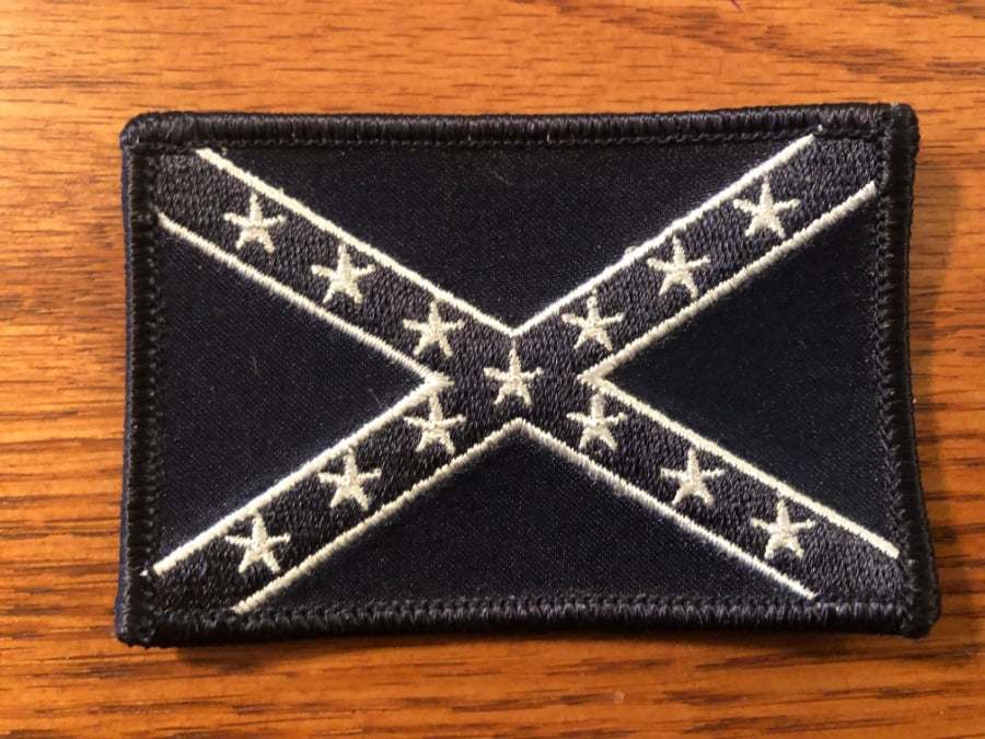 Black and navy embroidered Battle Rebel Flag patch 2x3 inches with adhesive backing by No Quarter