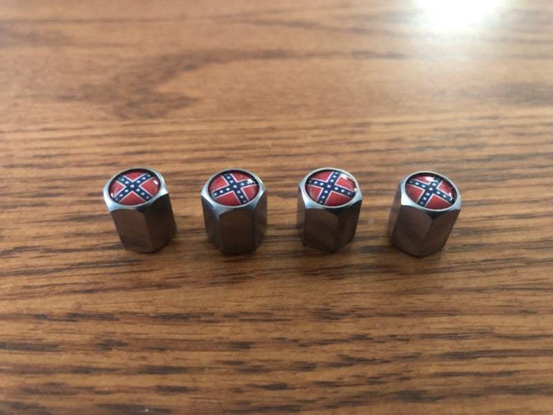 Set of 4 Rebel Battle Flag Valve Stem Covers with chrome finish for cars and motorcycles