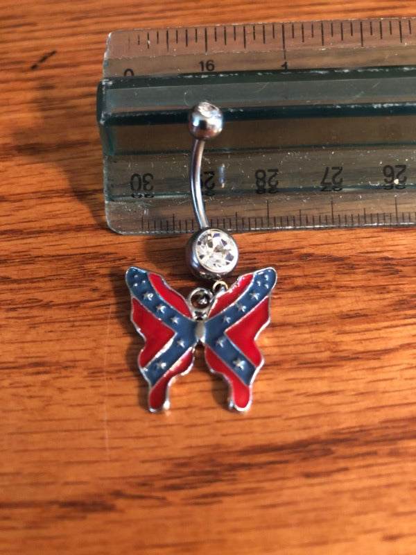Silver Rebel Butterfly Navel Belly Button Ring body jewelry with delicate butterfly design and faux diamonds