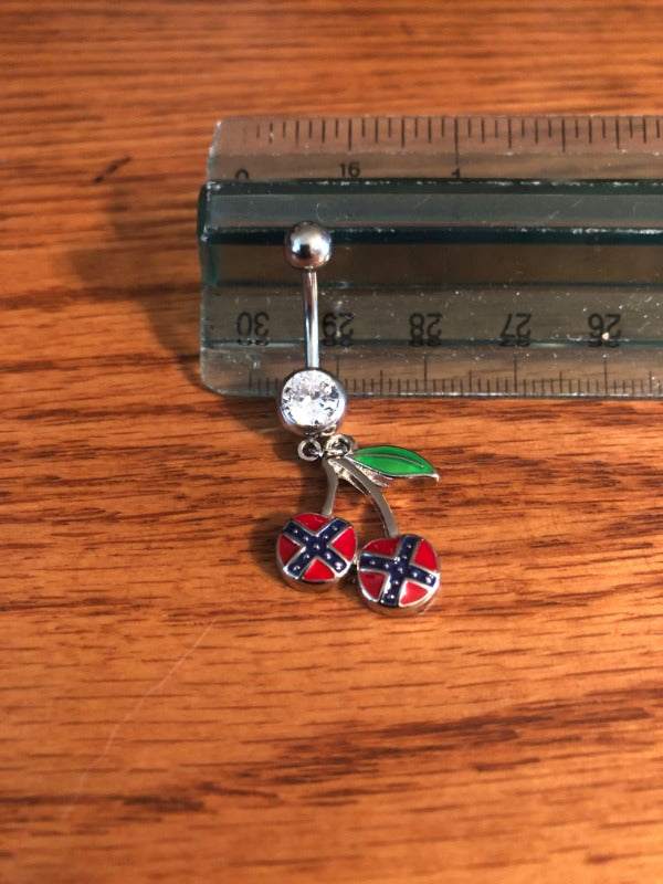 Silver Rebel Cherries navel belly button ring body jewelry with faux diamond, 316 stainless steel, free shipping